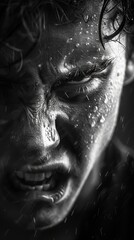 A close-up black and white photograph capturing an intense expression of a person with water droplets on their face, emphasizing the raw emotion and details of their skin