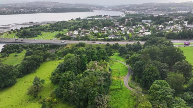 Aerial view of Boom Hall by the Foyle Bridge over the river Foyle and Derry Londonderry Northern Ireland