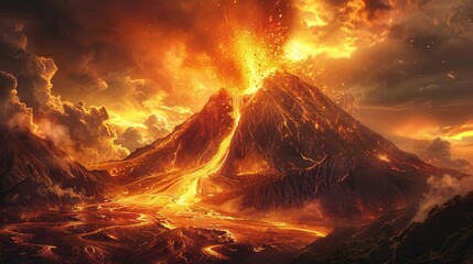 The mighty shield volcano roars with fiery fury as molten lava spews from its fissure vent, engulfing the serene mountain landscape in a chaotic display of heat and smoke