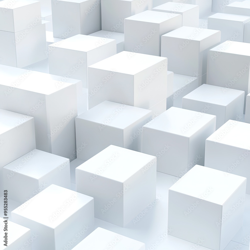 Wall mural a minimalistic scene featuring numerous white cubes on a light surface, creating a modern and abstra