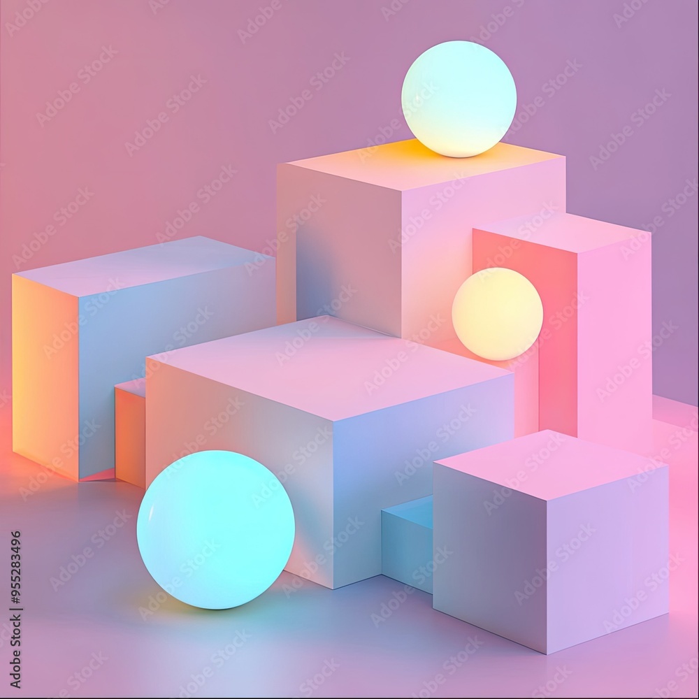 Wall mural a modern composition of geometric shapes with soft glowing lights, creating a serene and colorful at