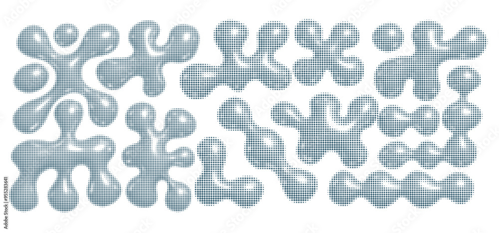 Poster 3d chrome metal organic fluid shapes set in dotted halftone style. abstract liquid mercury metallic 