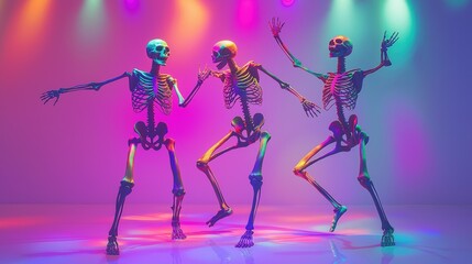 Vibrant Skeleton Disco Under Neon Party Lights