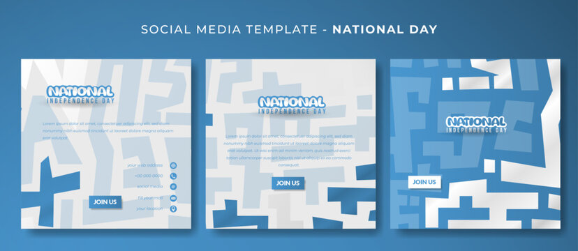 Set of social media post template with blue white abstract maze background for national day campaign