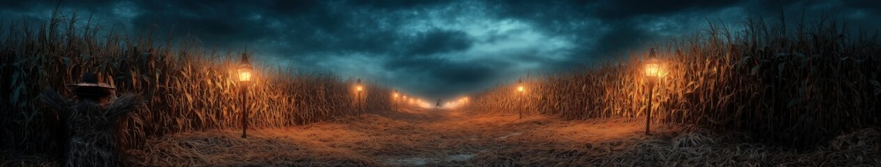 Foggy Cornfield Path Illuminated by Lanterns on Halloween