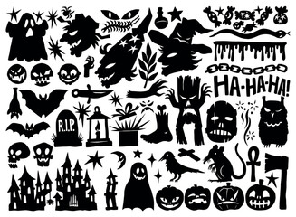 Obraz premium Halloween icons. Black silhouette horror monsters. Spooky bat. Autumn tree. Scary ghost. Pumpkin decoration. RIP grave. Witch face. Ghost and zombie. Trick or treat. Vector symbols set