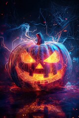 Digital Pumpkin with Neon Light in Futuristic Style