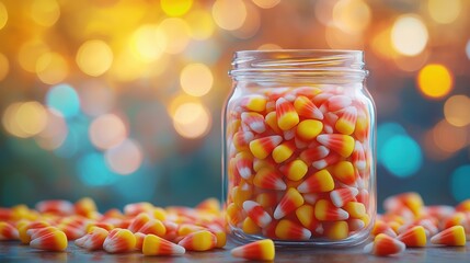 Naklejka premium Halloween Candy Corn in a Jar with Bokeh Background