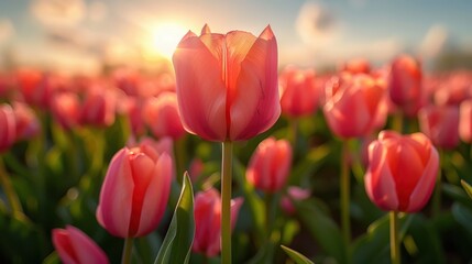 Obraz premium A serene field of vibrant pink tulips basking in the warm glow of the setting sun, creating a breathtaking scene of natural beauty and tranquility