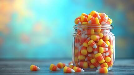 Naklejka premium Jar of Candy Corn on a Colorful Background for Halloween