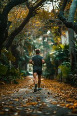 Obraz premium A person running on a leaf-covered pathway surrounded by lush green trees and plants, captured amidst an autumn setting with sun rays filtering through the foliage