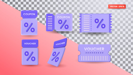 collection of 3D purple coupons, including designs for promotional events, gift vouchers, and discounts. This set features realistic vector illustrations ideal for big sales, special offers