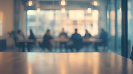 Soft of blurred people meeting at table. Abstract blurred office interior space background