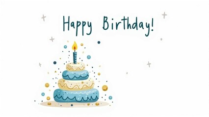Illustrated Happy Birthday Cake with Candle and Confetti