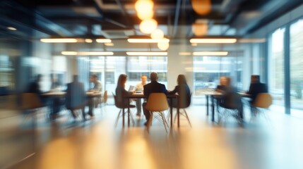 Soft of blurred people meeting at table. Abstract blurred office interior space background