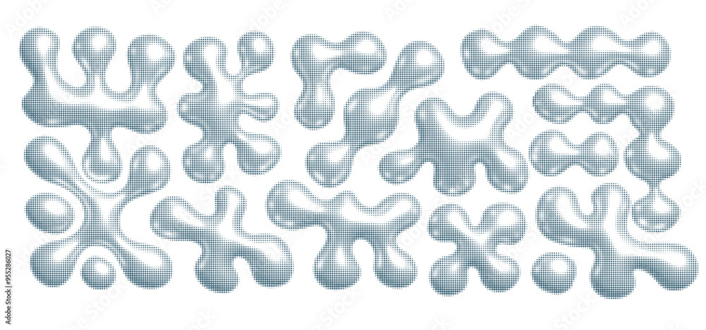Poster chrome liquid 3d shapes set in y2k in dotted halftone style isolated on a transparent background. re