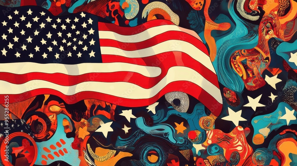 Wall mural Patriotism and Diversity: American Flag Waving over Colorful Abstract Patterns