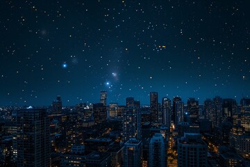 Fototapeta premium Celestial City Symphony: Night Skyline and Twinkling Stars