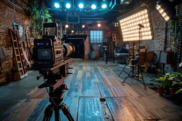 Naklejka premium Inside a creatively designed film studio with professional camera and equipment setup, showcasing lighting, scenery, and vibrant decor elements