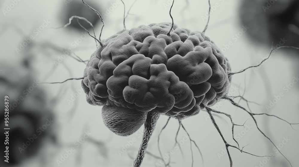 Poster detailed rendering of a human brain neuron structure showcasing intricate details in a monochrome st
