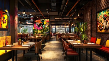 A restaurant interior featuring dynamic 3D-rendered themes and vibrant decor