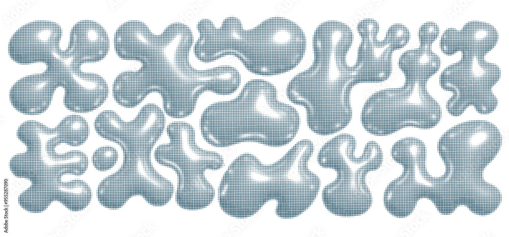Poster chrome liquid 3d shapes set in y2k dotted halftone style isolated on a transparent background. retro