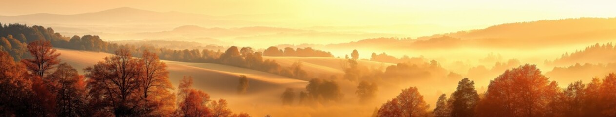 Idyllic Autumn Morning Landscape with Sunlight and Mist