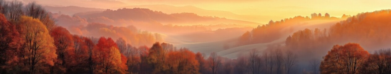 Golden Sunrise Through Autumn Mist Over Rolling Hills