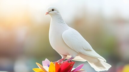 Fototapeta premium A white dove perched on a flower, surrounded by a colorful garden. Copy space. 