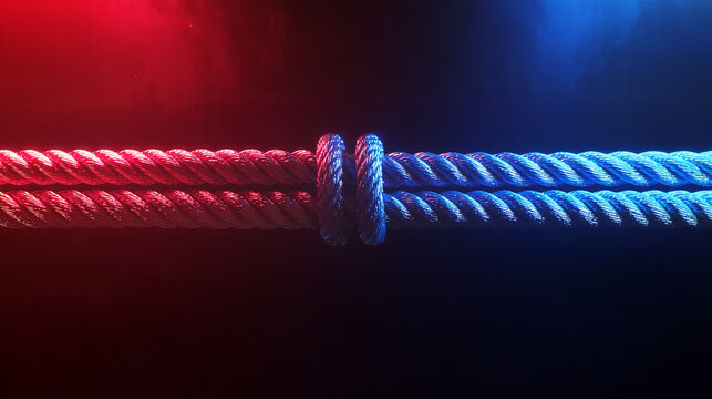 Close-up of red and blue ropes tied together, symbolizing political tension, conflict, and the connection between opposing ideologies in US politics.