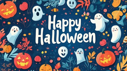 Naklejka premium Spooky Halloween Card with Ghosts and Pumpkins