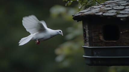 A white dove flying towards a dovecote, symbolizing a safe and peaceful haven. Copy space. 