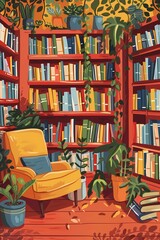 Cozy library illustration with bookshelves and reading corner