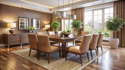 Fototapeta premium Sleek leather furniture in neutral tones defines a sophisticated dining space, exuding warmth and invitation.
