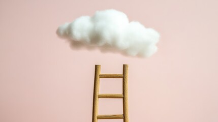 Wooden Ladder Leading to a White Cloud on a Pink Background, Representing Growth, Aspiration, and Reaching for Dreams.