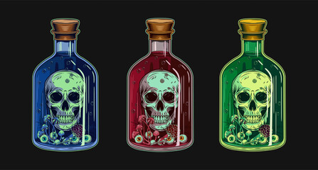 Set of colorful big bottles of poison, potion with human skull, eyeballs, mushrooms inside. Witchcraft concept. Halloween creepy illustration in vintage style on black background. Not AI