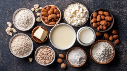 Various dairy and nut ingredients including flour, almonds, butter, and different milks are arranged in bowls and plates on a textured dark background.