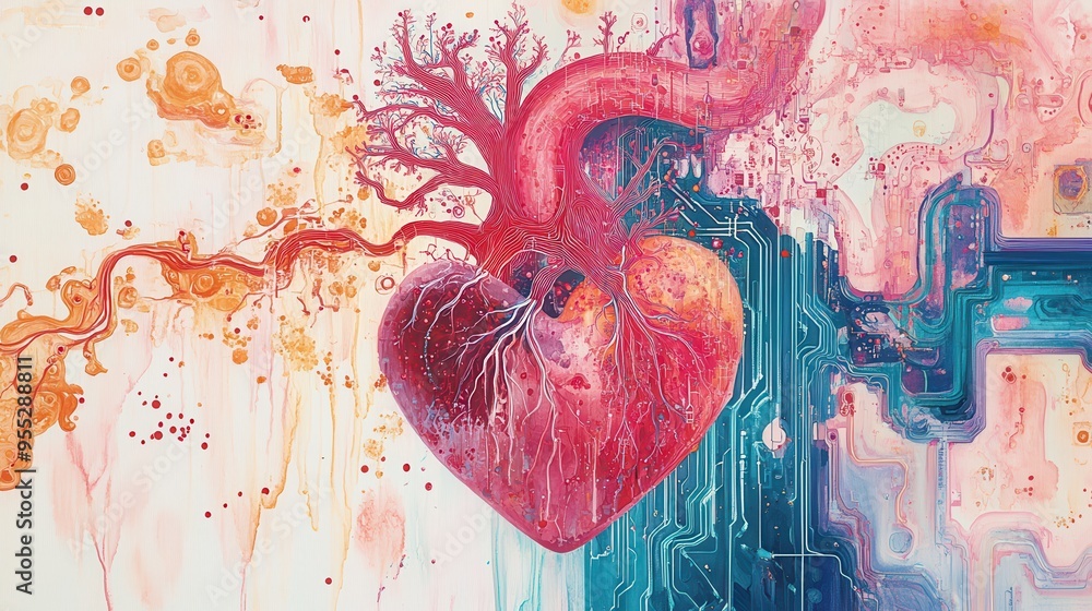 Aufkleber technological heart connections - watercolor art of neural pathways and digital circuits representin