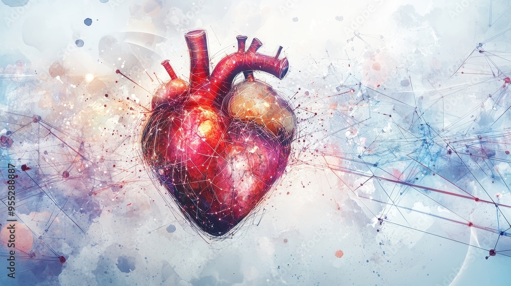 Aufkleber fusion of creativity and nervous system: abstract watercolor heart surrounded by neural networks and