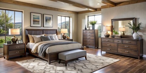 Obraz premium Sleek modern furniture from Roseville, CA stores decorates this airy bedroom, featuring a plush linens-clad bed,
