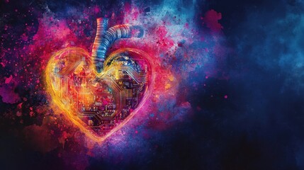 Technological Heartbeat - Creative Fusion of Watercolor and Digital Innovation