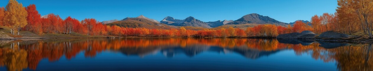 Obraz premium Autumn Lake with Vibrant Red Trees and Mountain Reflections