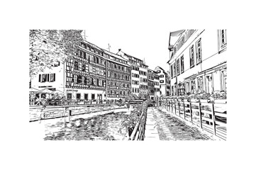 Building view with landmark of Strasbourg is the city in France. Hand drawn sketch illustration in vector.