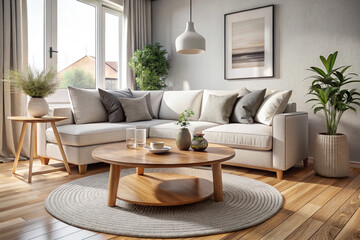 Modern Scandinavian Living Room with Round Wooden Coffee Table and White Sofa: Cozy, Minimalist Home Design Inspiration