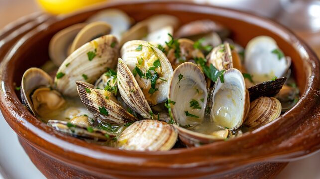 A dish of almejas a la marinera, clams in a white wine sauce, garnished with fresh parsley and served in a ceramic bowl