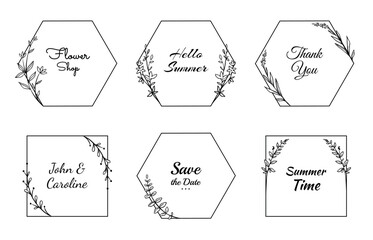 Minimal floral frame. Geometrical line borders with leaves and flowers. Botanical wreath, card, poster and banner decor. Logotype isolated outline element. Vector isolated illustration set