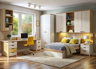 Fototapeta premium Sleek modern furniture set for kids' bedroom features a stylish bed, ergonomic desk, and spacious wardrobe.