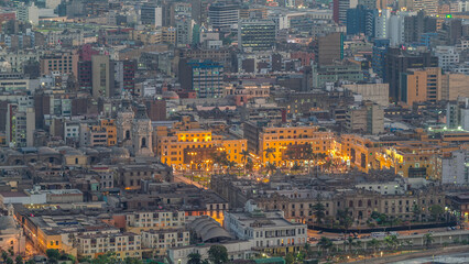 Aerial top view of Lima main square from San Cristobal hill day to night timelapse, government...