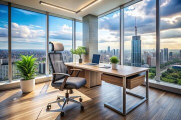 Fototapeta premium Sleek modern office desk with a ergonomic chair fills the contemporary workspace, bathed in natural light pouring in