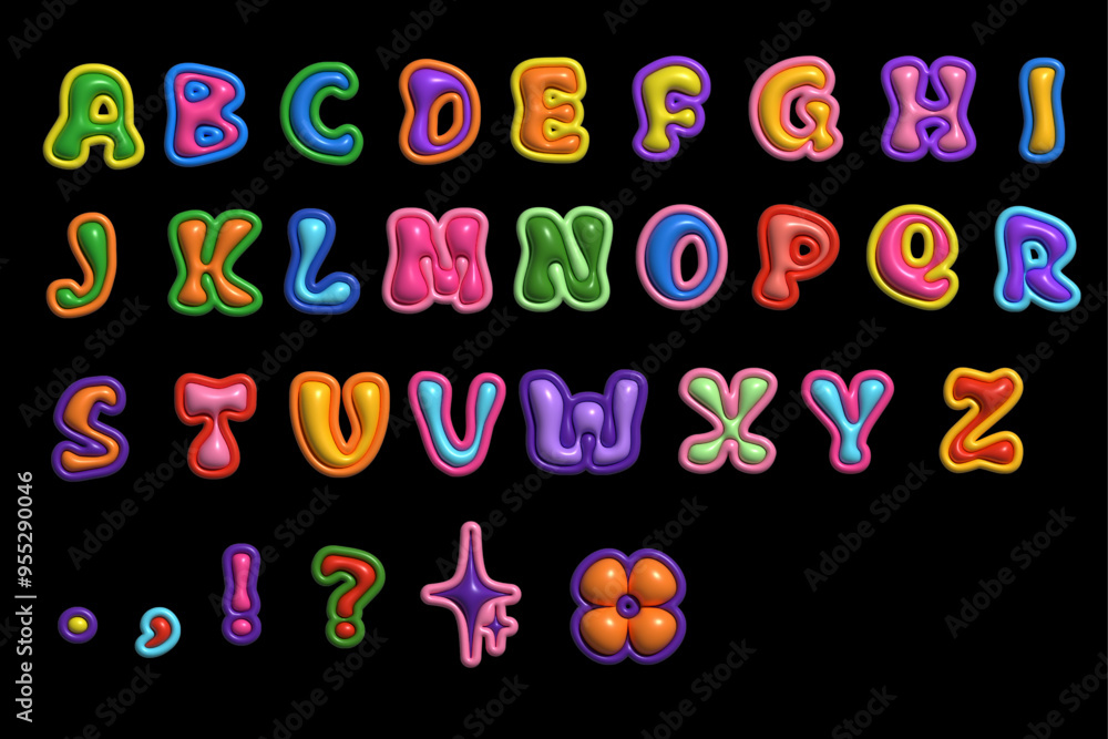 Poster colorful inflated alphabet set. trendy inflated font with glossy effect